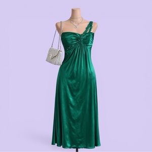 Vintage Morgan & Co Emerald Green One Shoulder Beaded Maxi Dress Size 3/4 Prom